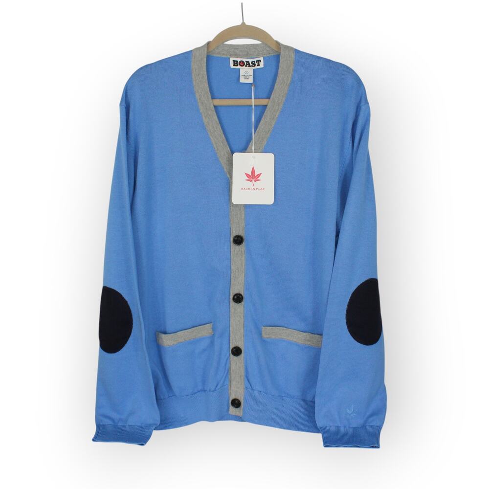 NEW Large BOAST USA Cardigan CarolinaBlue Cotton Patch-Elbows Pockets LeafLogo